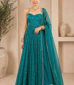Teal georgette sequins work anarkali suit