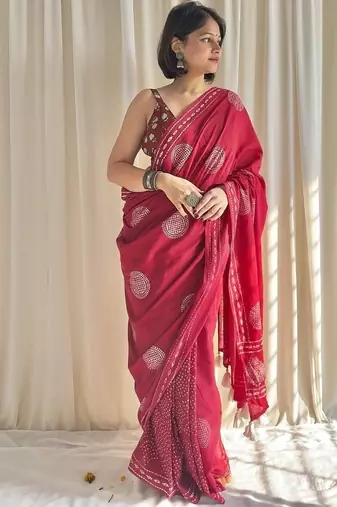 Red hand block printed mulmul cotton saree with blouse piece