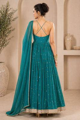Teal georgette sequins work anarkali suit 2