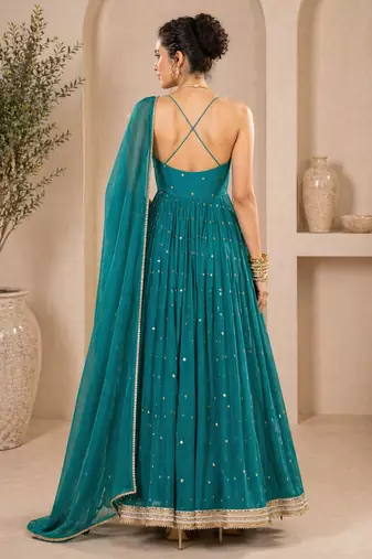 Teal georgette sequins work anarkali suit