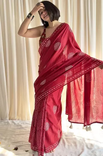 Red hand block printed mulmul cotton saree with blouse piece