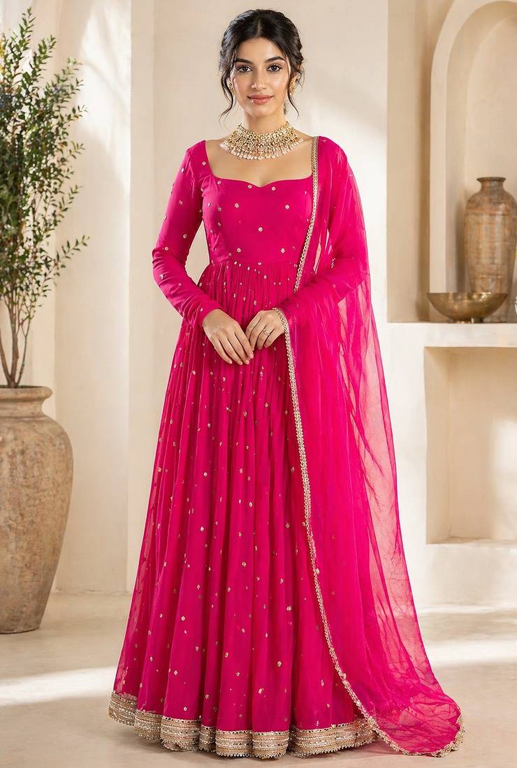 Pink georgette sequins work anarkali suit