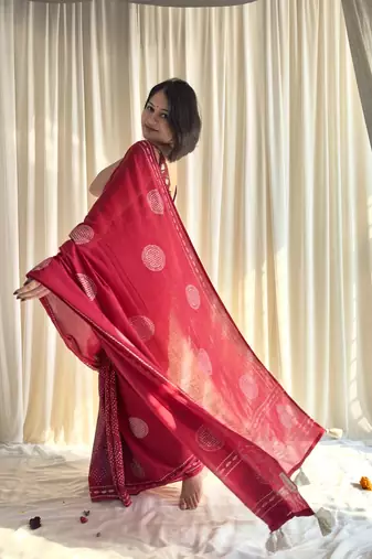 Red hand block printed mulmul cotton saree with blouse piece