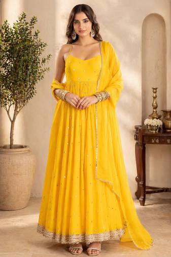 Yellow georgette sequins work anarkali suit