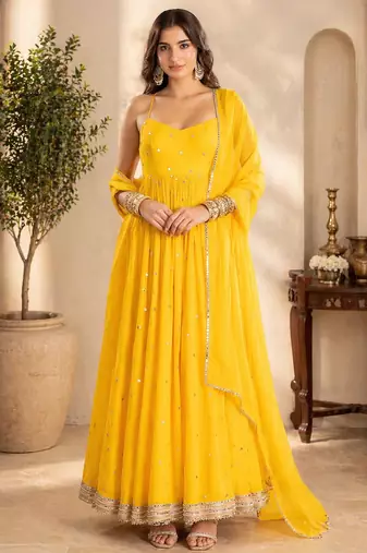 Yellow georgette sequins work anarkali suit
