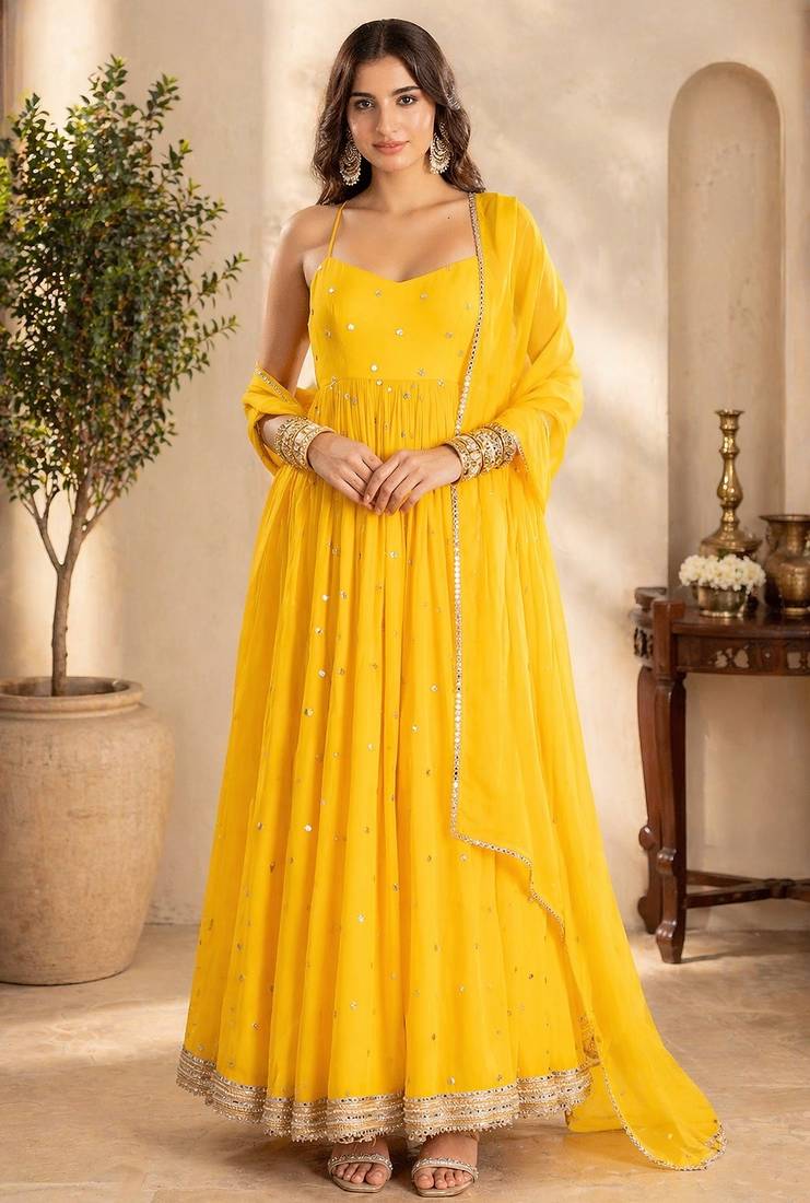 Yellow georgette sequins work anarkali suit