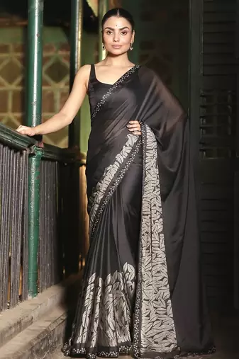 Soft moss crepe black printed saree with blouse piece