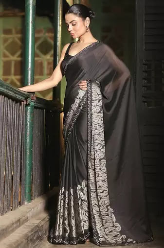 Soft moss crepe black printed saree with blouse piece