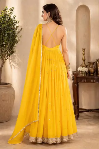 Yellow georgette sequins work anarkali suit
