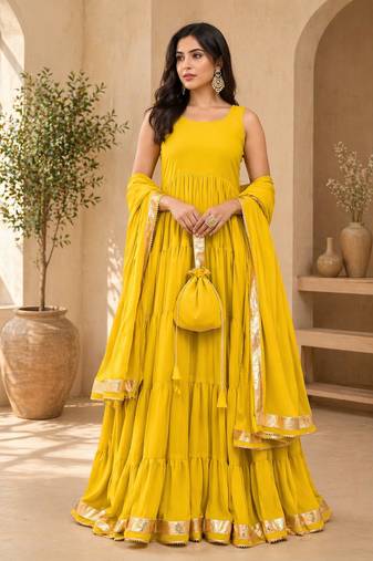Mustard georgette lace work anarkali suit