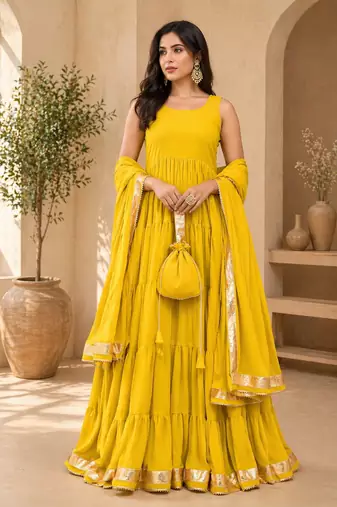 Mustard georgette lace work anarkali suit
