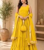Mustard georgette lace work anarkali suit