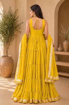 Mustard georgette lace work anarkali suit 2