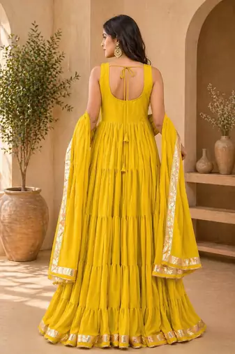 Mustard georgette lace work anarkali suit
