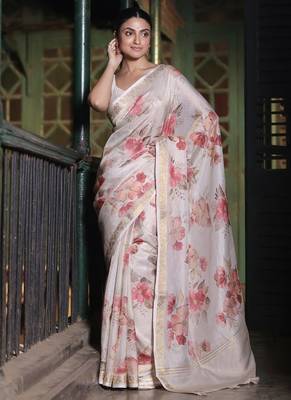 Crush organza floral print saree with blouse piece 1
