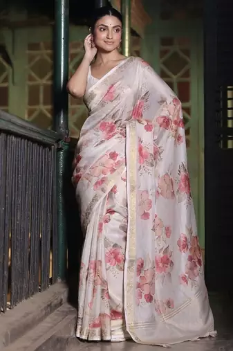 Crush organza floral print saree with blouse piece