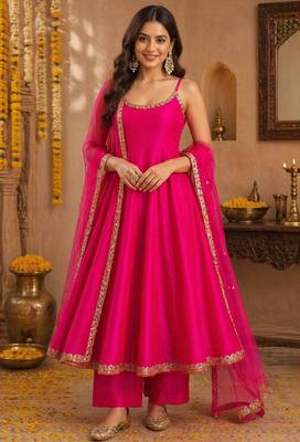 Pink silk blend lace work anarkali suit 1
