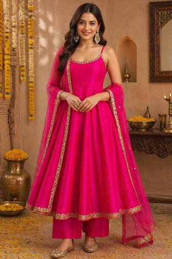 Pink silk blend lace work anarkali suit
