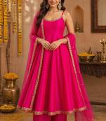 Pink silk blend lace work anarkali suit