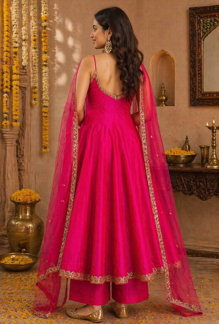 Pink silk blend lace work anarkali suit