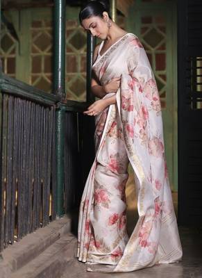 Crush organza floral print saree with blouse piece 3