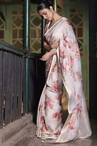 Crush organza floral print saree with blouse piece