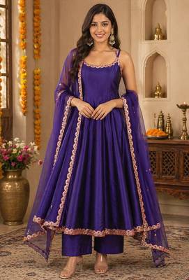 Blue silk blend lace work anarkali suit 1