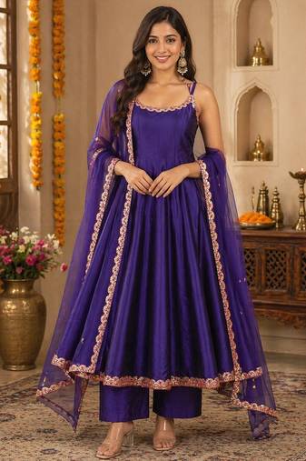 Blue silk blend lace work anarkali suit