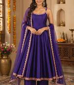 Blue silk blend lace work anarkali suit