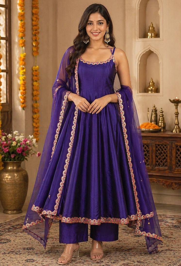 Blue silk blend lace work anarkali suit
