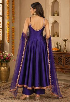 Blue silk blend lace work anarkali suit 2
