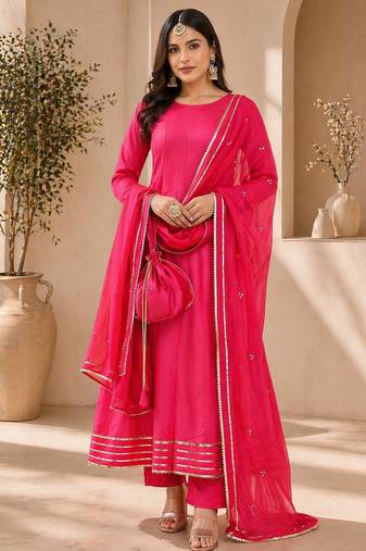 Pink chanderi gotta patti work anarkali suit