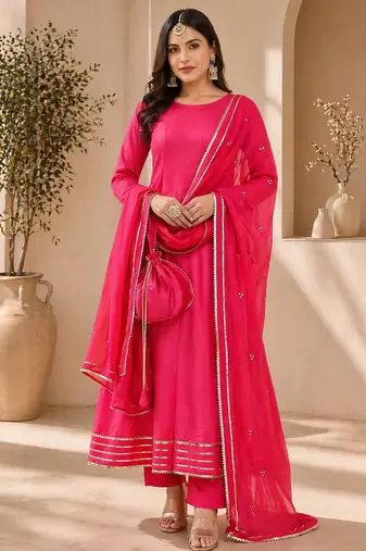 Pink chanderi gotta patti work anarkali suit