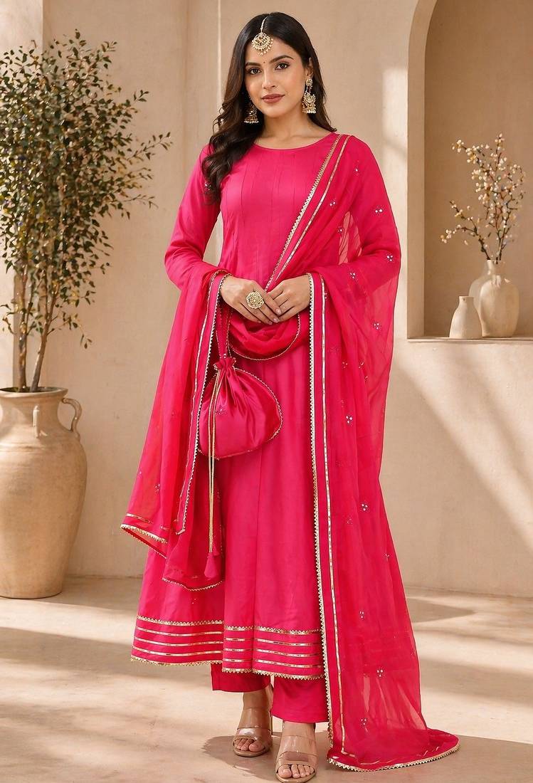 Pink chanderi gotta patti work anarkali suit