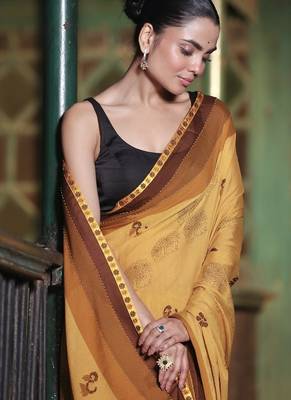 Soft moss crepe mustard printed saree with blouse piece 2