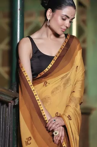 Soft moss crepe mustard printed saree with blouse piece