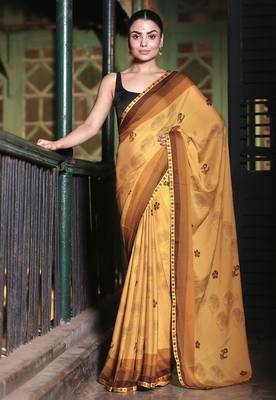 Soft moss crepe mustard printed saree with blouse piece 3