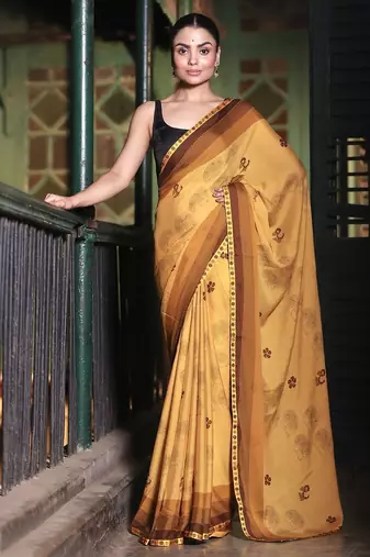 Soft moss crepe mustard printed saree with blouse piece