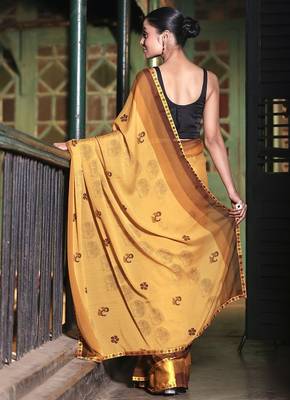 Soft moss crepe mustard printed saree with blouse piece 4