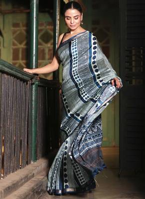 Soft dola silk blue ajrakh print saree with blouse piece 2