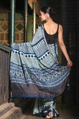 Soft dola silk blue ajrakh print saree with blouse piece 3