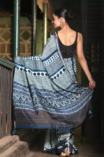 Soft dola silk blue ajrakh print saree with blouse piece