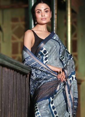 Soft dola silk blue ajrakh print saree with blouse piece 4