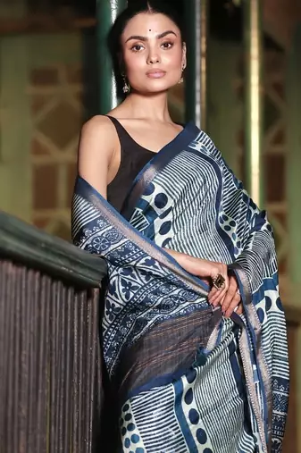 Soft dola silk blue ajrakh print saree with blouse piece