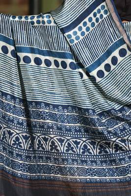 Soft dola silk blue ajrakh print saree with blouse piece 5