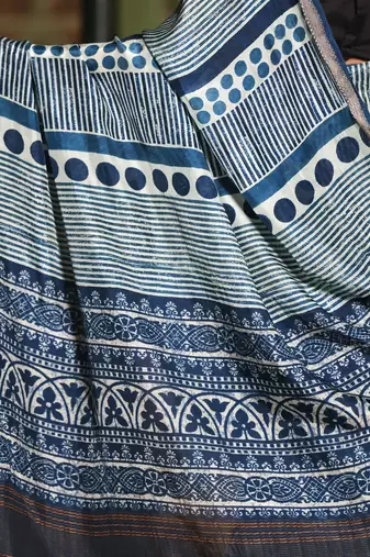 Soft dola silk blue ajrakh print saree with blouse piece