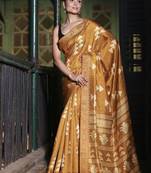 Mustard abstract print soft silk saree with zari border with blouse piece