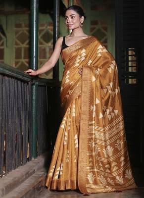 Mustard abstract print soft silk saree with zari border with blouse piece 2