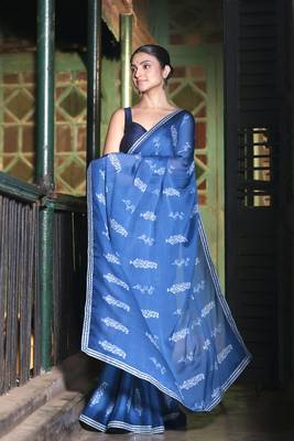 Soft moss crepe blue printed saree with blouse piece 2
