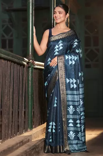 Indigo abstract print soft silk saree with zari border with blouse piece